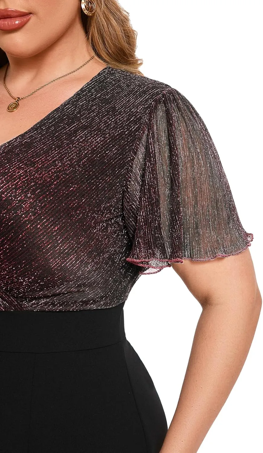 ZOMVA Plus Size Sparkly Bodycon Dress Ruffle Sleeve V Neck Wrap Midi Dresses Wedding Guest Business Work Cocktail Party