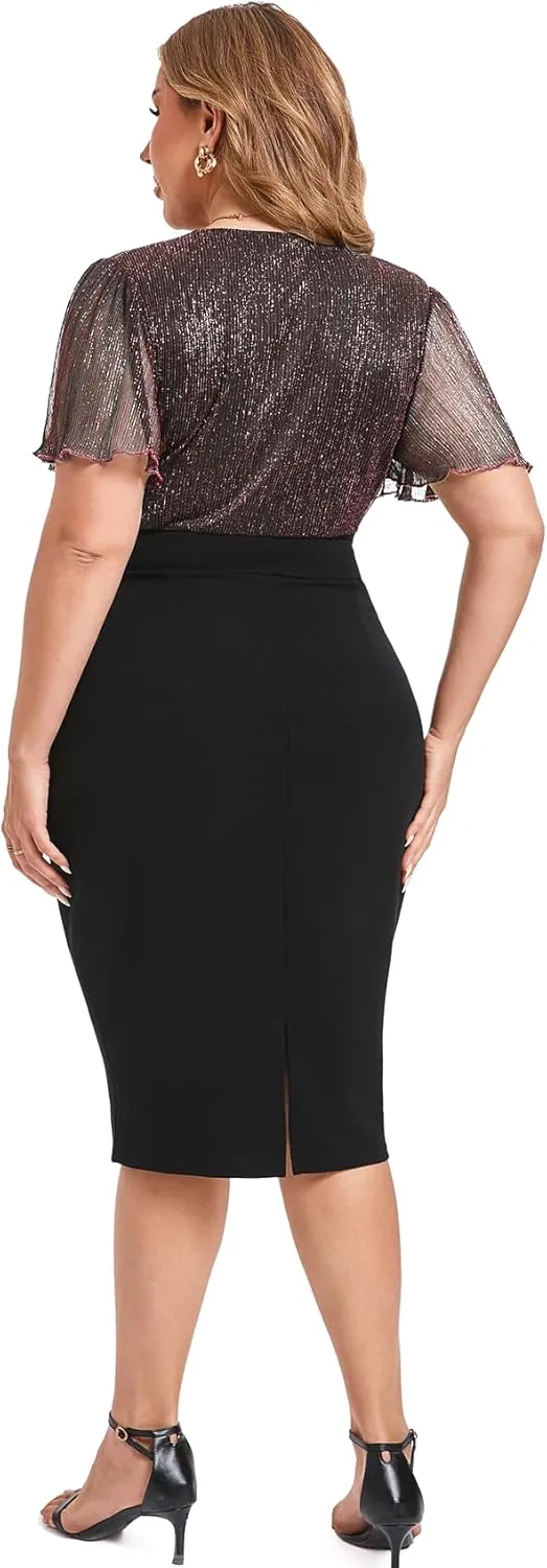 ZOMVA Plus Size Sparkly Bodycon Dress Ruffle Sleeve V Neck Wrap Midi Dresses Wedding Guest Business Work Cocktail Party