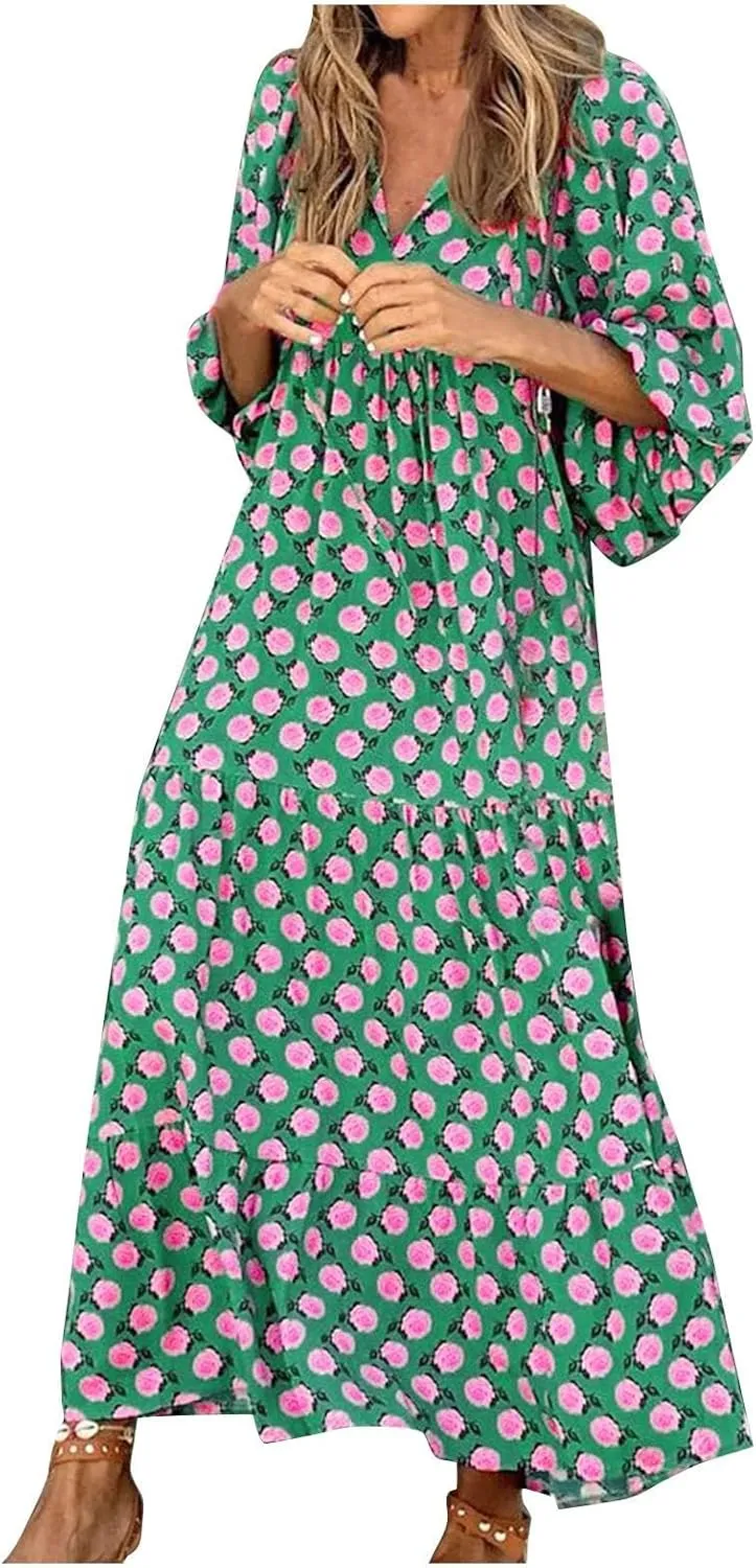 ZWRXW Plus Size Boho Maxi Dress for Women Loose Bohemian Floral Dress Half Sleeve Flowy A Line Long Dress Beach Swing Dress