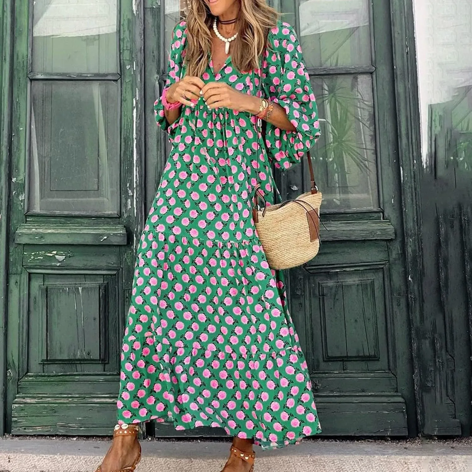 ZWRXW Plus Size Boho Maxi Dress for Women Loose Bohemian Floral Dress Half Sleeve Flowy A Line Long Dress Beach Swing Dress