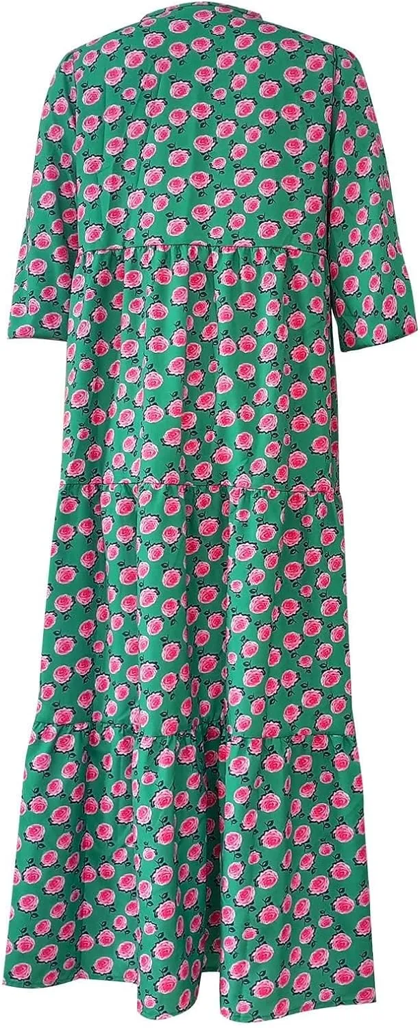 ZWRXW Plus Size Boho Maxi Dress for Women Loose Bohemian Floral Dress Half Sleeve Flowy A Line Long Dress Beach Swing Dress