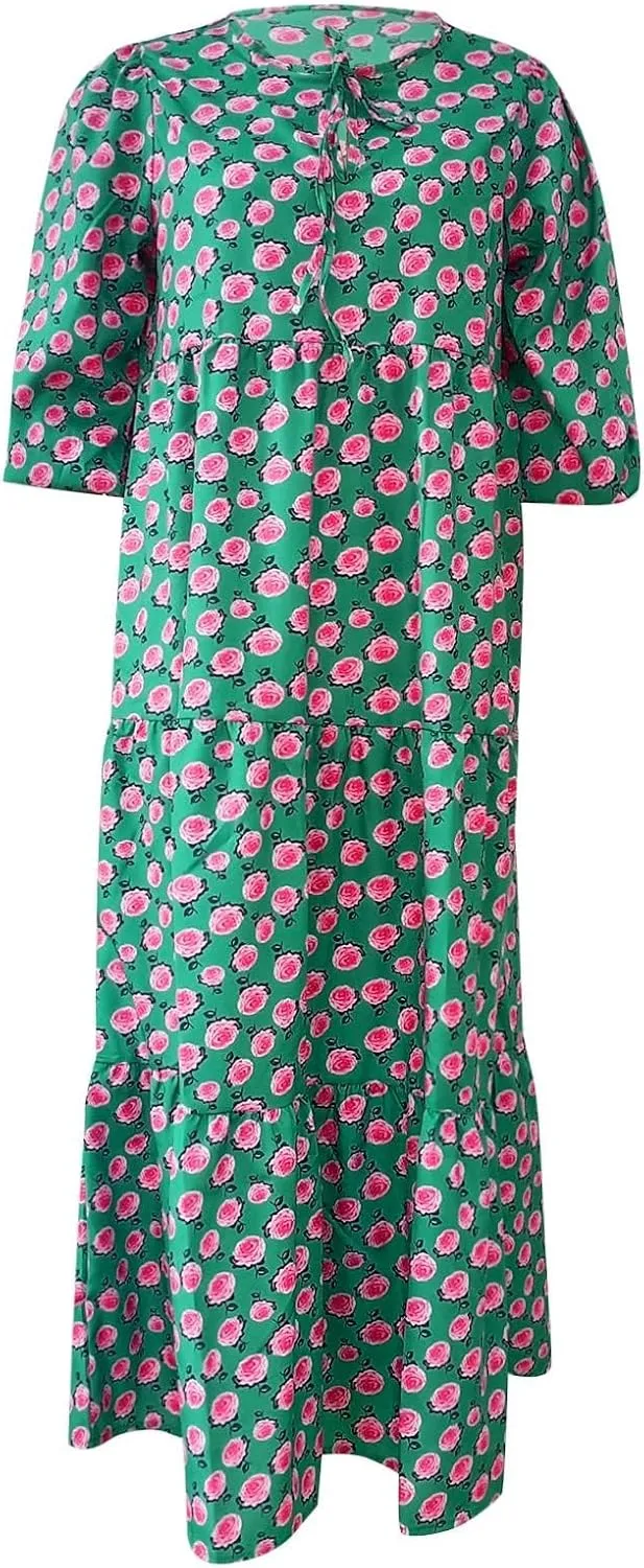 ZWRXW Plus Size Boho Maxi Dress for Women Loose Bohemian Floral Dress Half Sleeve Flowy A Line Long Dress Beach Swing Dress