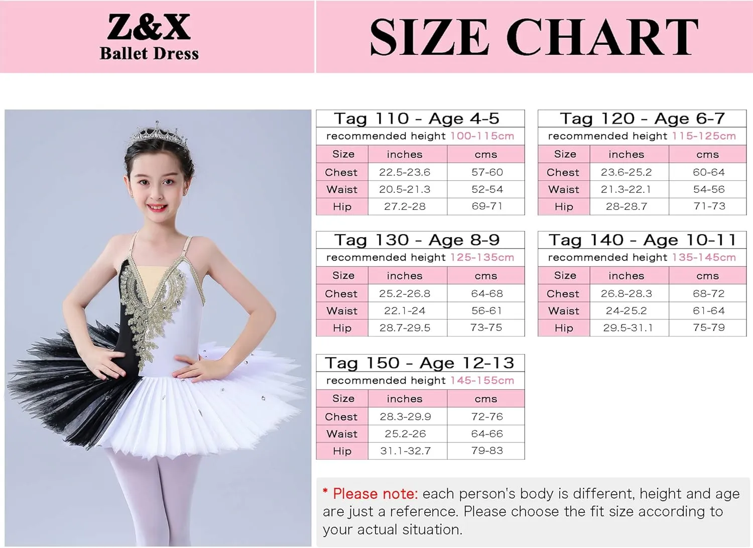 ZX Girl's Ballet Swan Lake Tutu Costume Professional Camisole Skirted Leotard Ballerina Dancewear Fairy Princess Dress